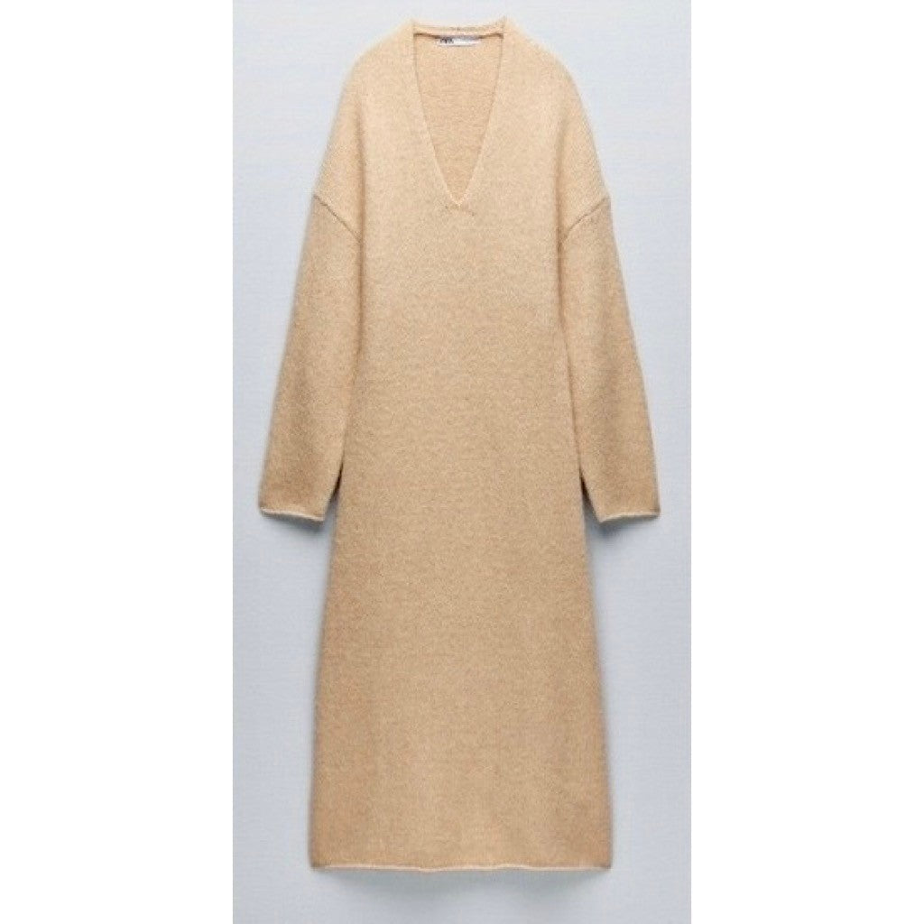 ZARA Alpaca Knit Midi Dress Light Tan Sand Coastal Blogger Favorite Medium