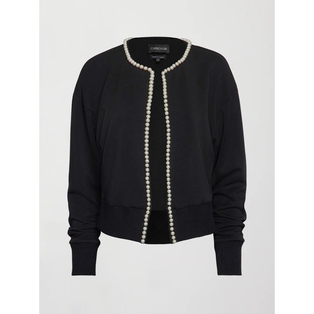 CARBON38 Pearl Cardigan Sweater Black Embellished Preppy Knitwear Sporty Medium