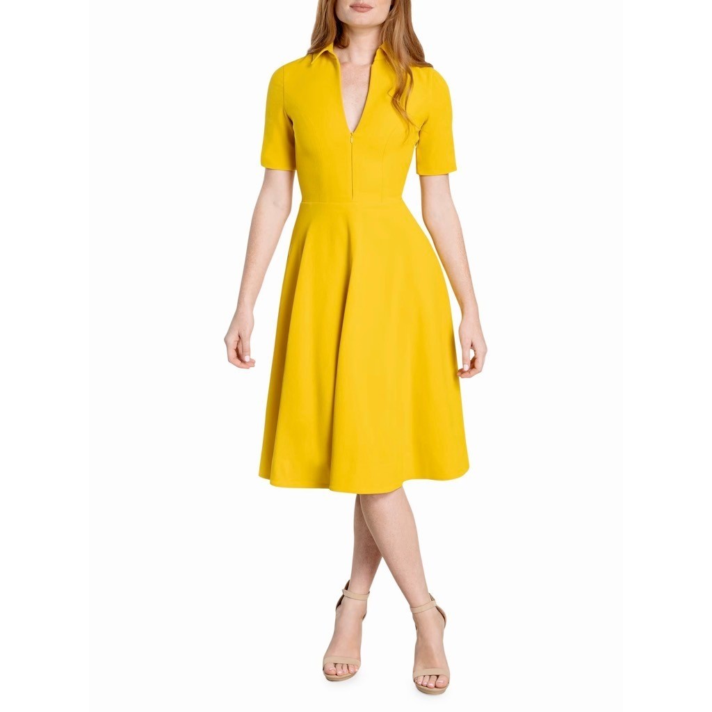 DRESS THE POPULATION Mallory Point Collar Half Zip Midi Dress Solid Yellow XS