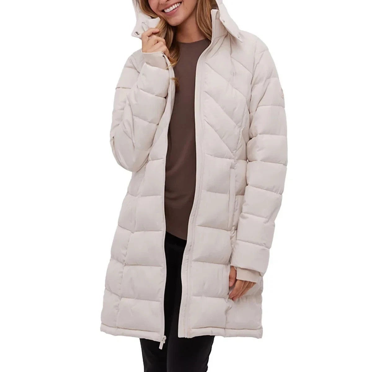 BENCH Long Hooded Puffer Coat Removable Hood Pockets Minimalist Quilted X-Small