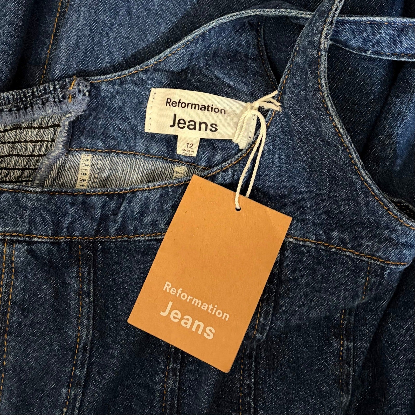 NWT!! REFORMATION Violet Denim Mini Dress Blue Smocked A-Line Skirt Size 12