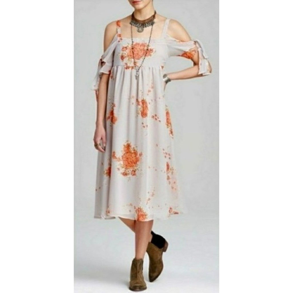 FREE PEOPLE Tied To You Floral Midi Dress Sand Combo Chiffon Bohemian Small