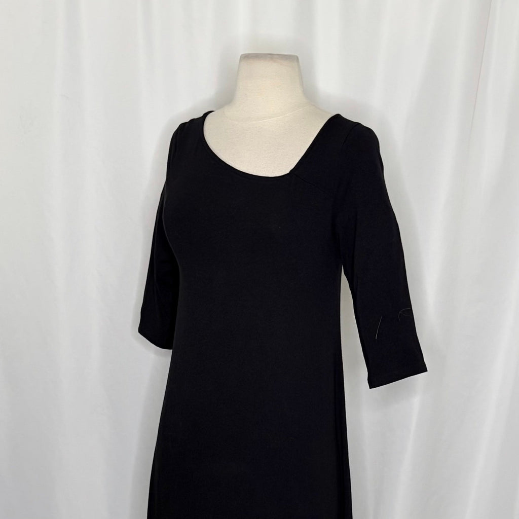 EILEEN FISHER Black Knit Shift Dress Half Sleeves Asymmetrical Neckline X-Small