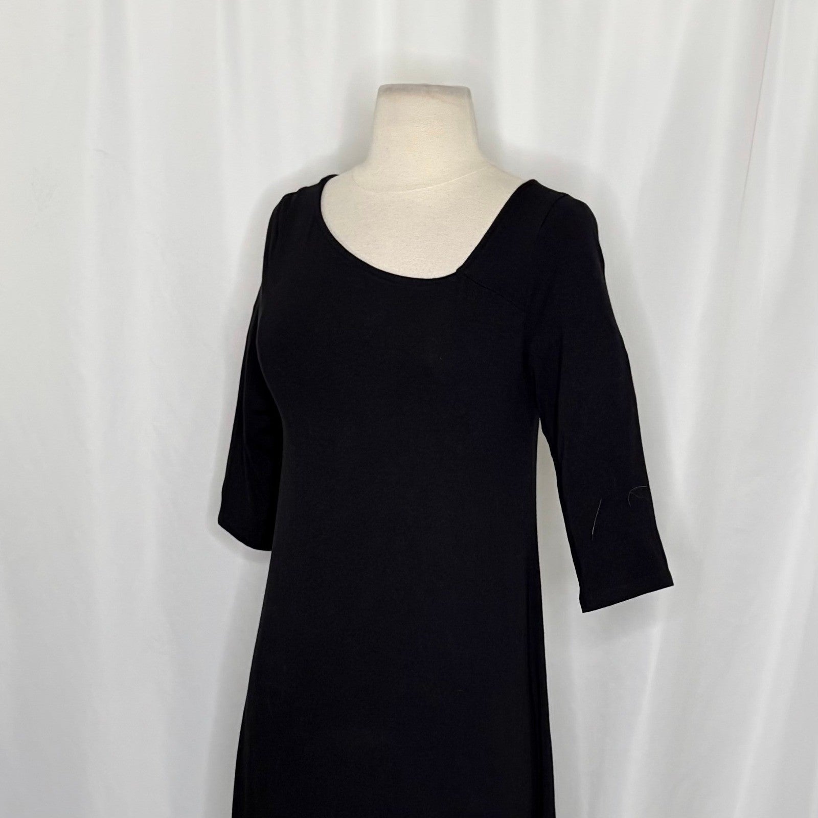 EILEEN FISHER Black Knit Shift Dress Half Sleeves Asymmetrical Neckline X-Small