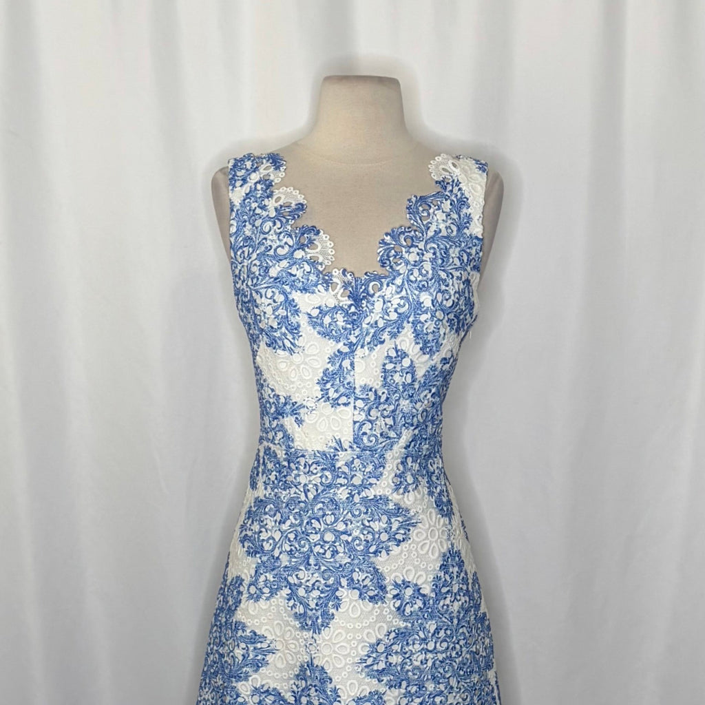 Anthropologie EVA FRANCO Starflower Scalloped Dress Blue White Lace Size 4