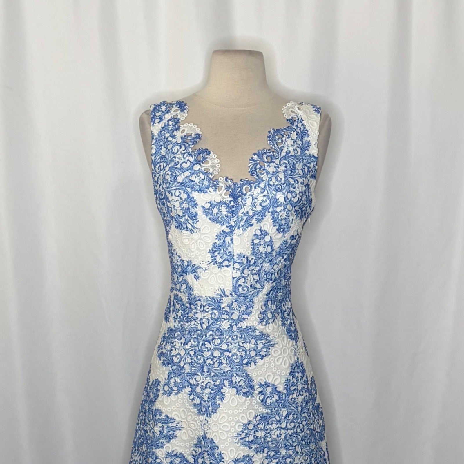 Anthropologie EVA FRANCO Starflower Scalloped Dress Blue White Lace Size 4