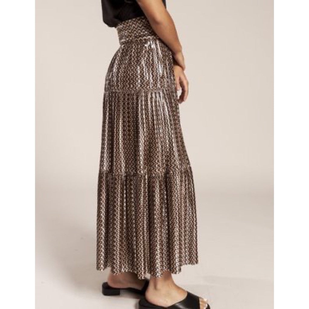 BA&SH Pleated Jupe Poly Midi Skirt Chevron Stripe Foil Metallic Tiered Size 6