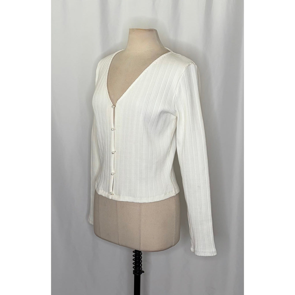 VINCE Pearl Button Cardigan Sweater Off White Ribbed Cropped V Neck X-Large