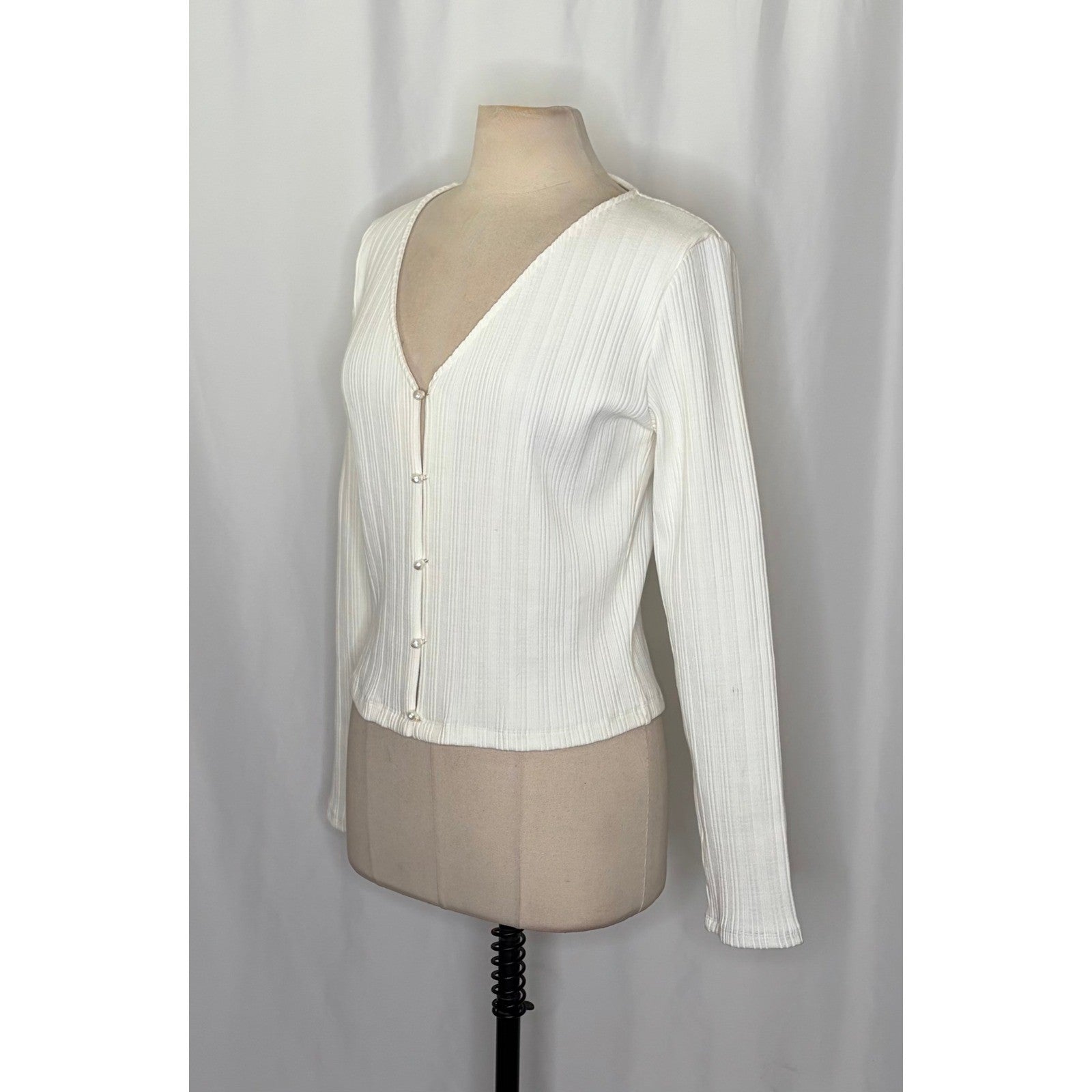 VINCE Pearl Button Cardigan Sweater Off White Ribbed Cropped V Neck X-Large