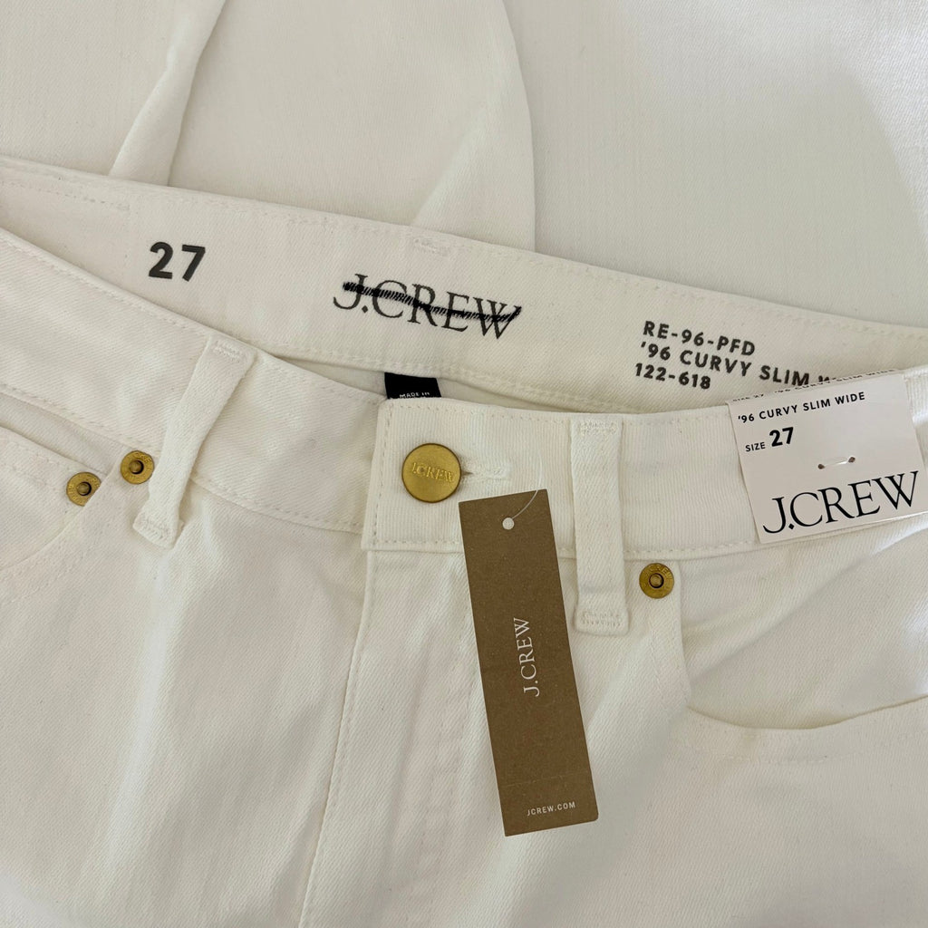 NWT!! J. CREW Curvy Slim Wide Denim Jeans Solid White Raw Hems Stretch Size 27