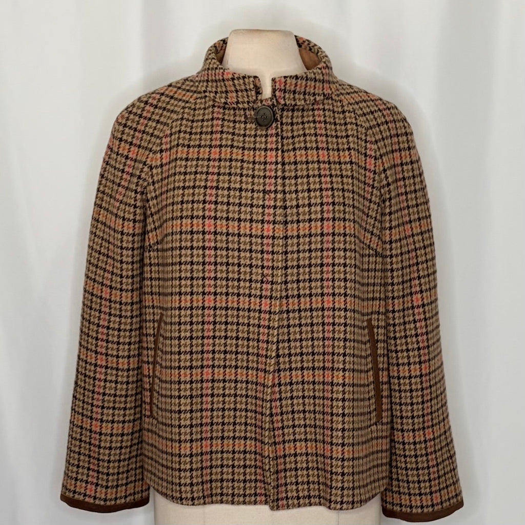 FACONNABLE Wool Plaid Jacket Coat Suede Trims Preppy Academia Swingy Medium