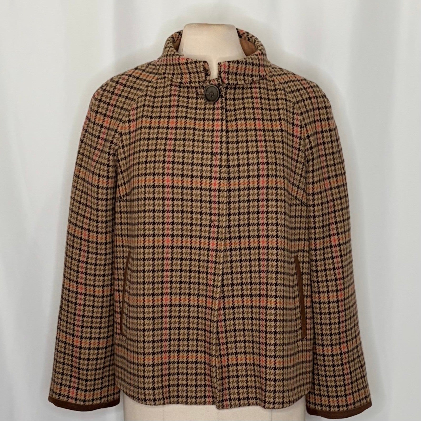 FACONNABLE Wool Plaid Jacket Coat Suede Trims Preppy Academia Swingy Medium