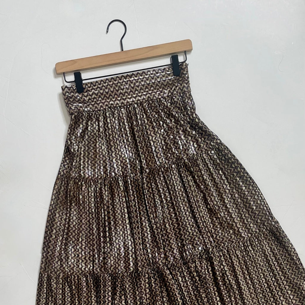 BA&SH Pleated Jupe Poly Midi Skirt Chevron Stripe Foil Metallic Tiered Size 6