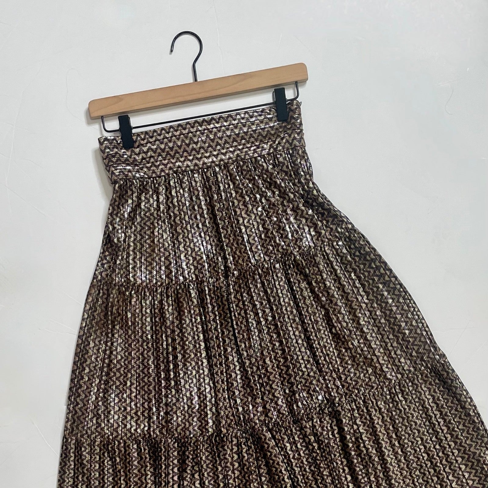 BA&SH Pleated Jupe Poly Midi Skirt Chevron Stripe Foil Metallic Tiered Size 6