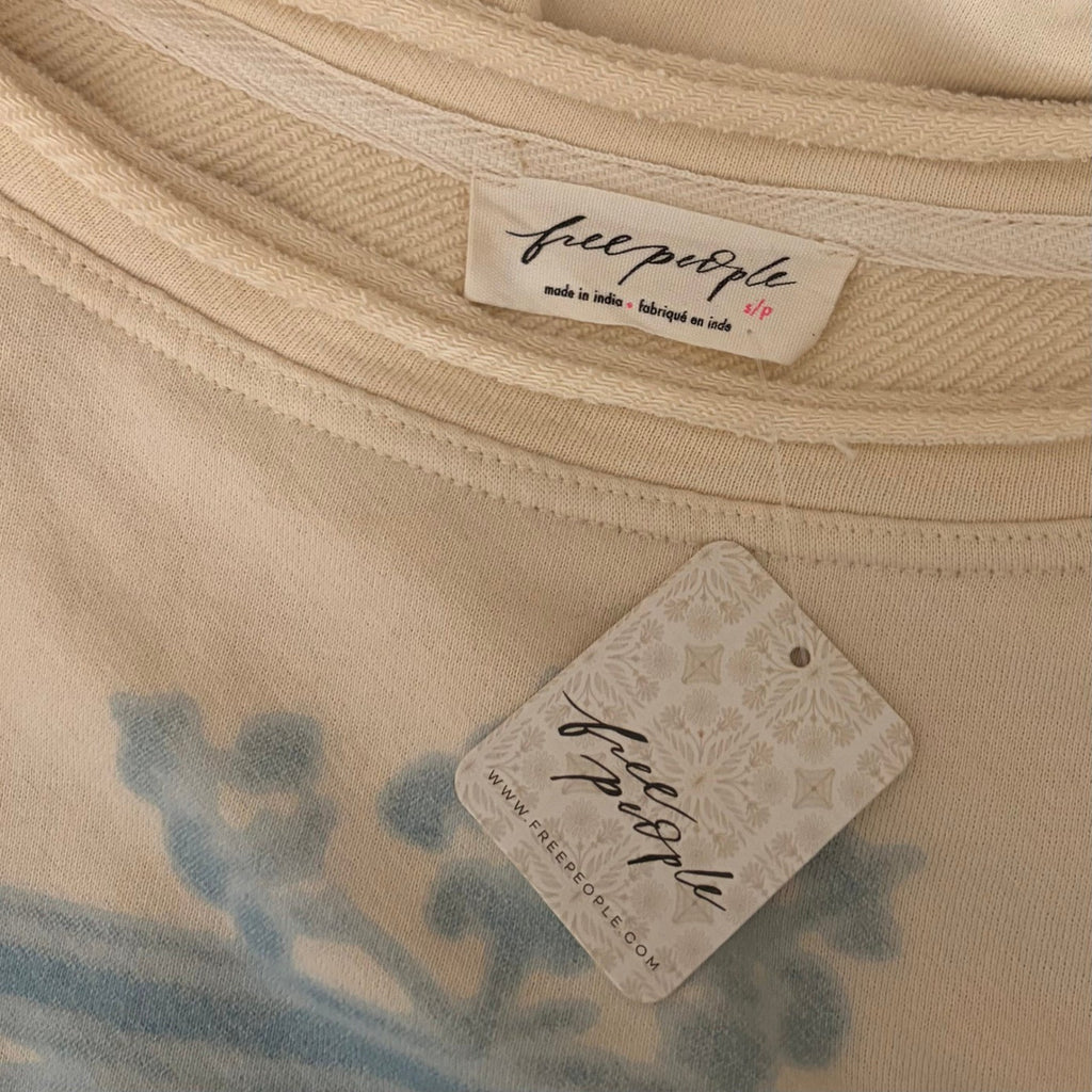 NWT!! FREE PEOPLE Doily Sweatshirt Heart Ivory Blue Eyelet Lace Bohemian Small