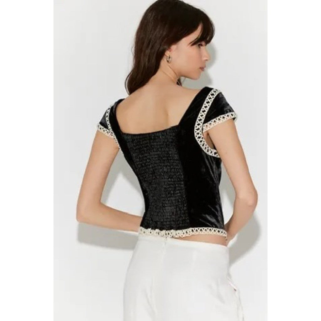NWT!! FREE PEOPLE Tyler Velvet Corset Top Black Cream Embroidered Bohemian Large