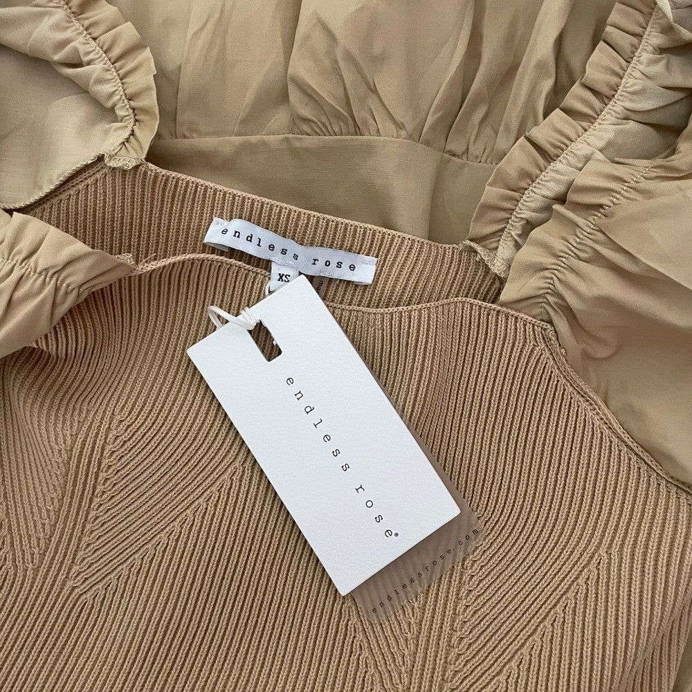 NWT! ENDLESS ROSE Mix Media Mini Dress Latte Brown Puff Sleeves Corset Bodice XS