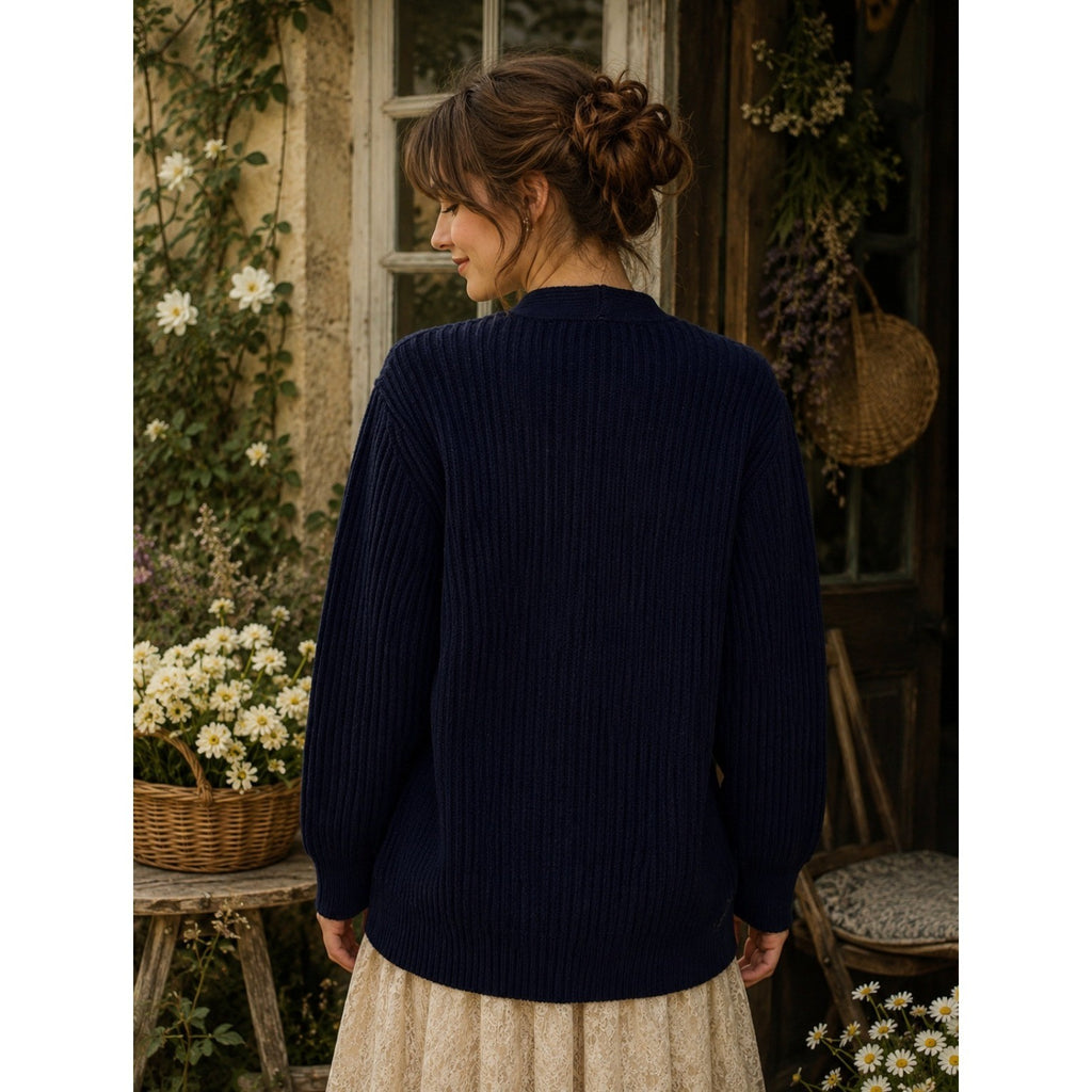 J. CREW Wool Navy Blue Cardigan Sweater Solid Ribbed Knit Preppy Academia Large