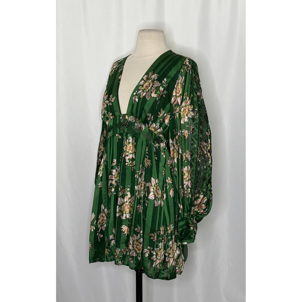 New Romantics FREE PEOPLE Midnight Blooms Dress Green Floral Embroidered Small