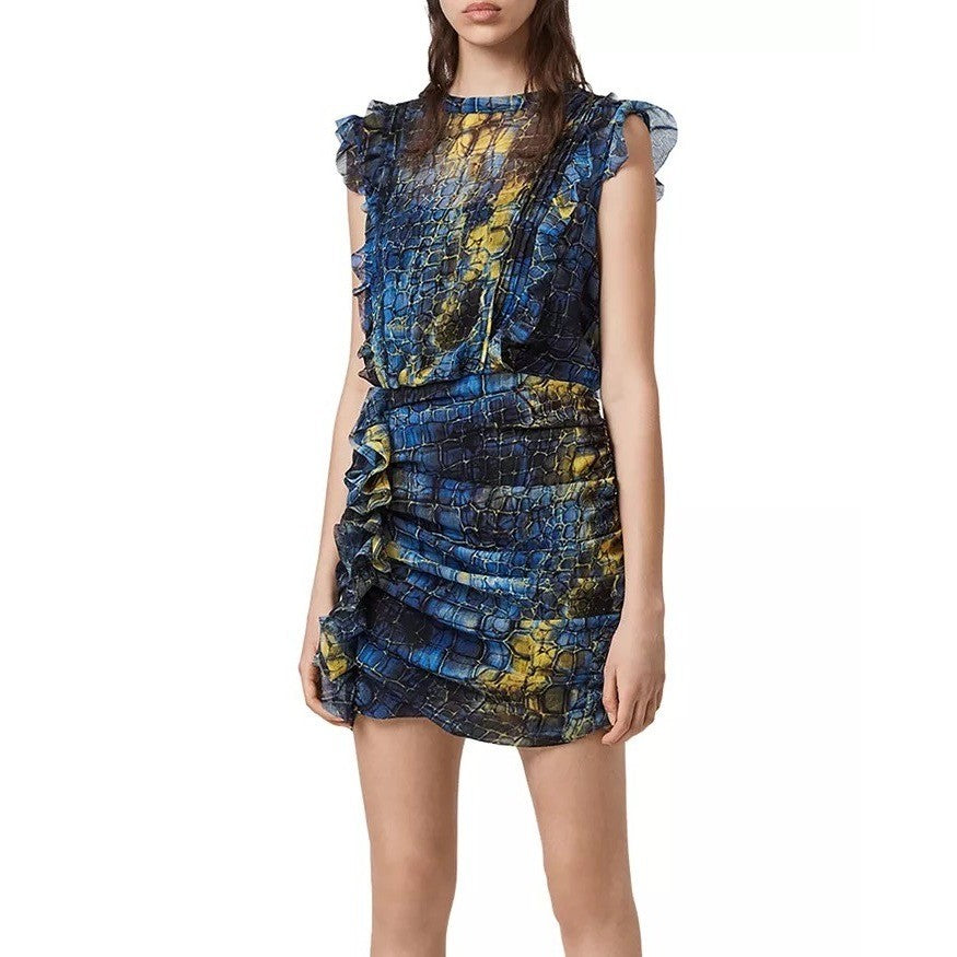 ALL SAINTS Hali Mirus Mini Dress Snakeskin Yellow Blue Ruffled Allsaints Size 4