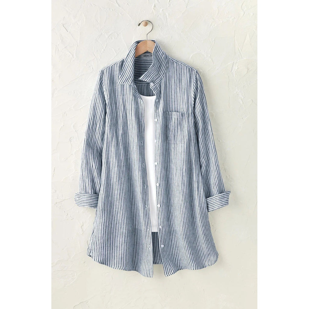 NWT!! COLDWATER CREEK Cross Dyed Striped Linen Tunic Topper Blue White Medium