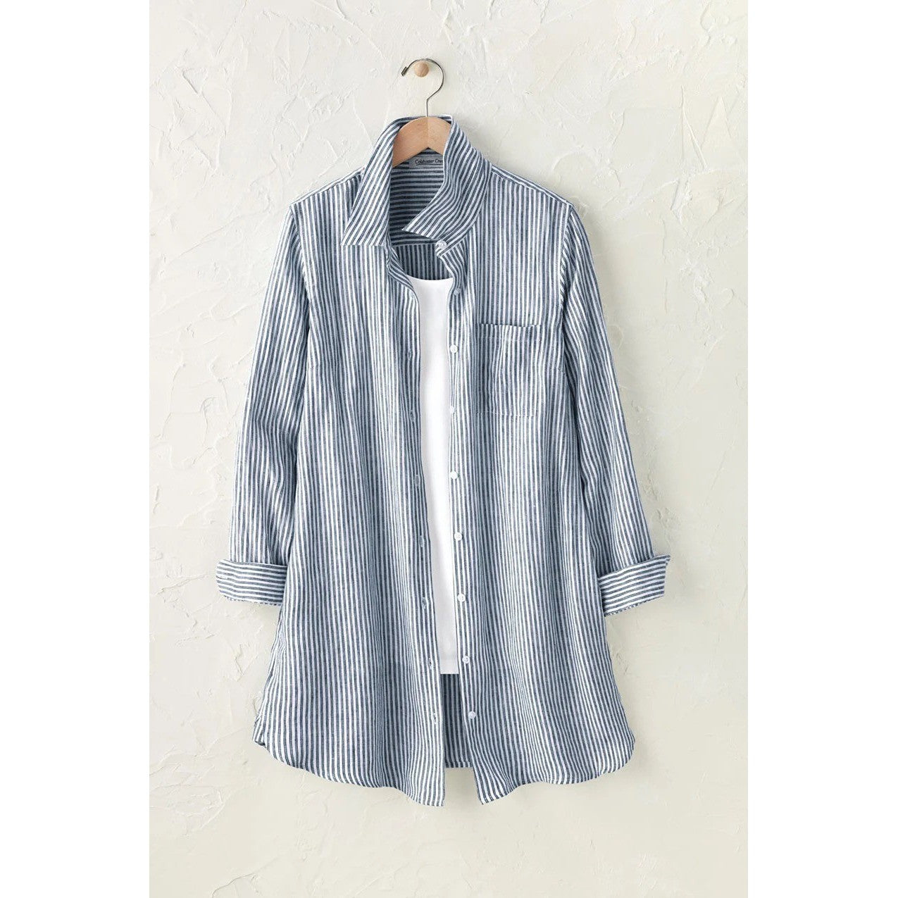 NWT!! COLDWATER CREEK Cross Dyed Striped Linen Tunic Topper Blue White Medium
