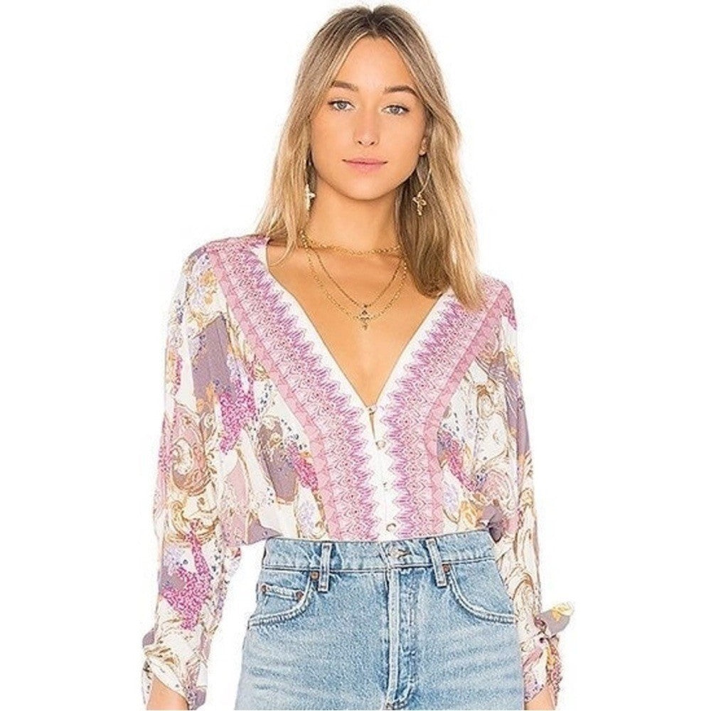 FREE PEOPLE Catch Me If You Can Top Blouse Boho Floral Tie Sleeves Pink Small