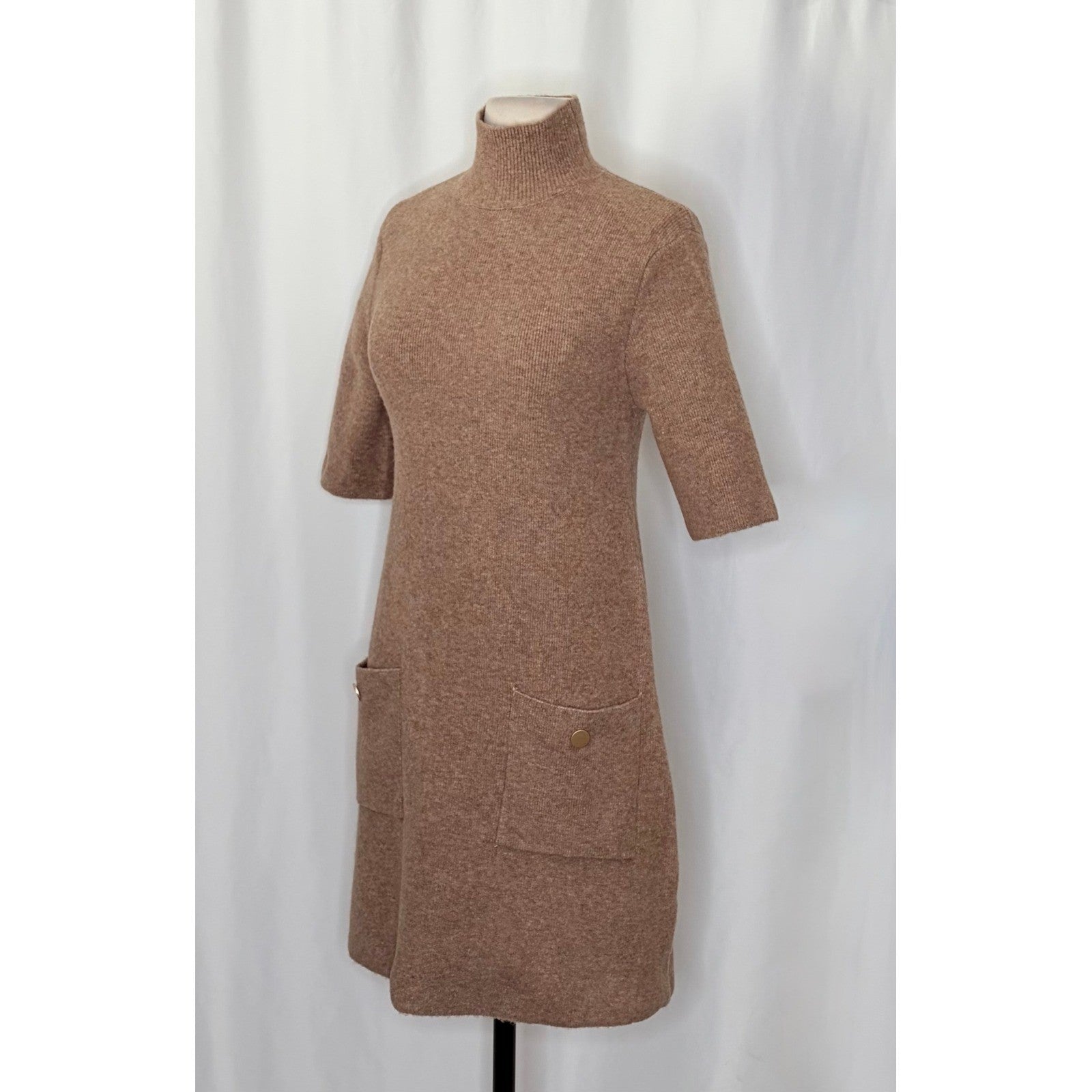 ZARA Chic Mock Neck A-Line Dress Pockets Brown Wool Preppy Mockneck Knit Small