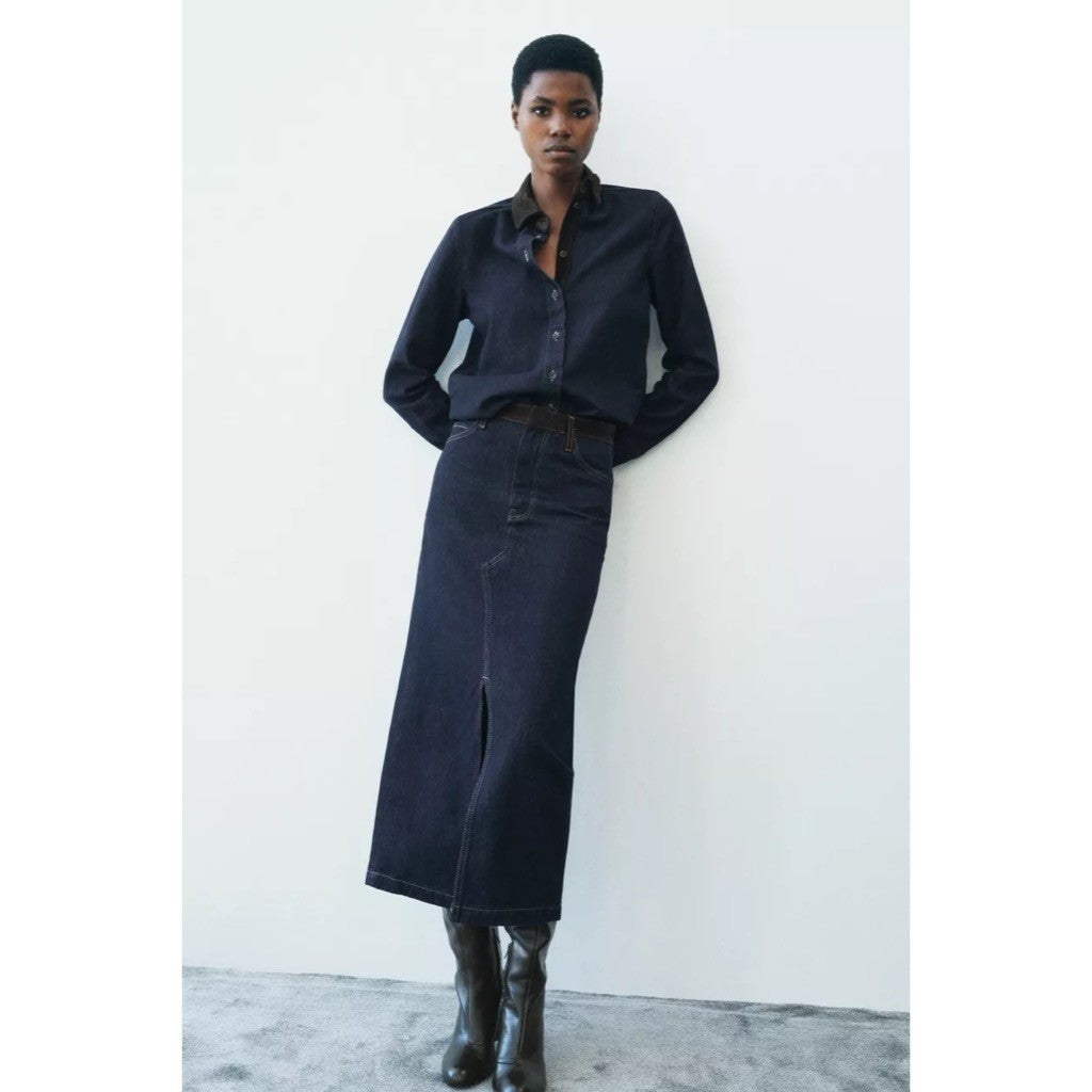 ZARA ZW Collection Denim Midi Skirt Contrast Suede Waistline Blue Pockets Small