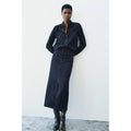 ZARA ZW Collection Denim Midi Skirt Contrast Suede Waistline Blue Pockets Small