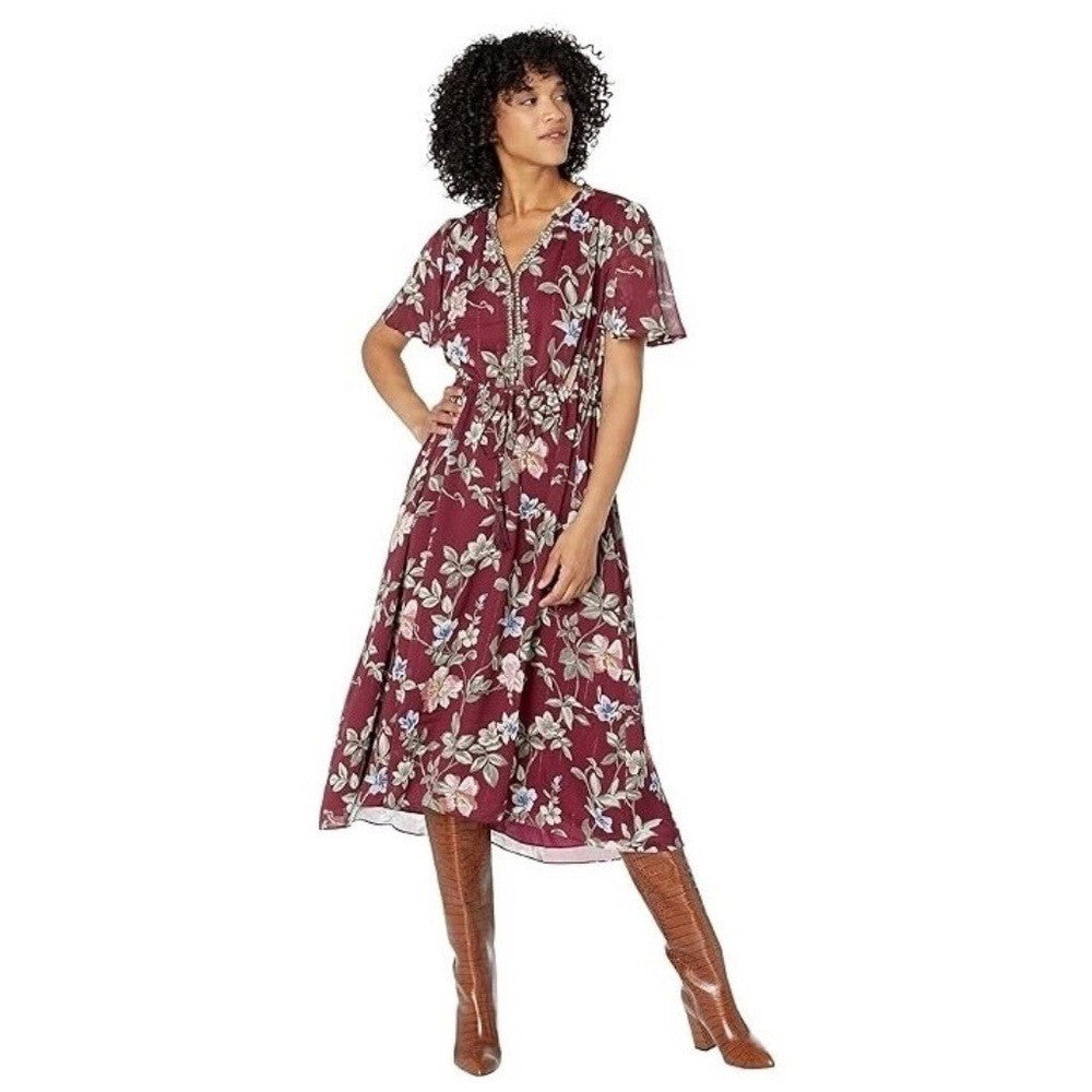 TOMMY BAHAMA Painted Petal Midi Floral Dress Metallic Embellished Beads X-Small