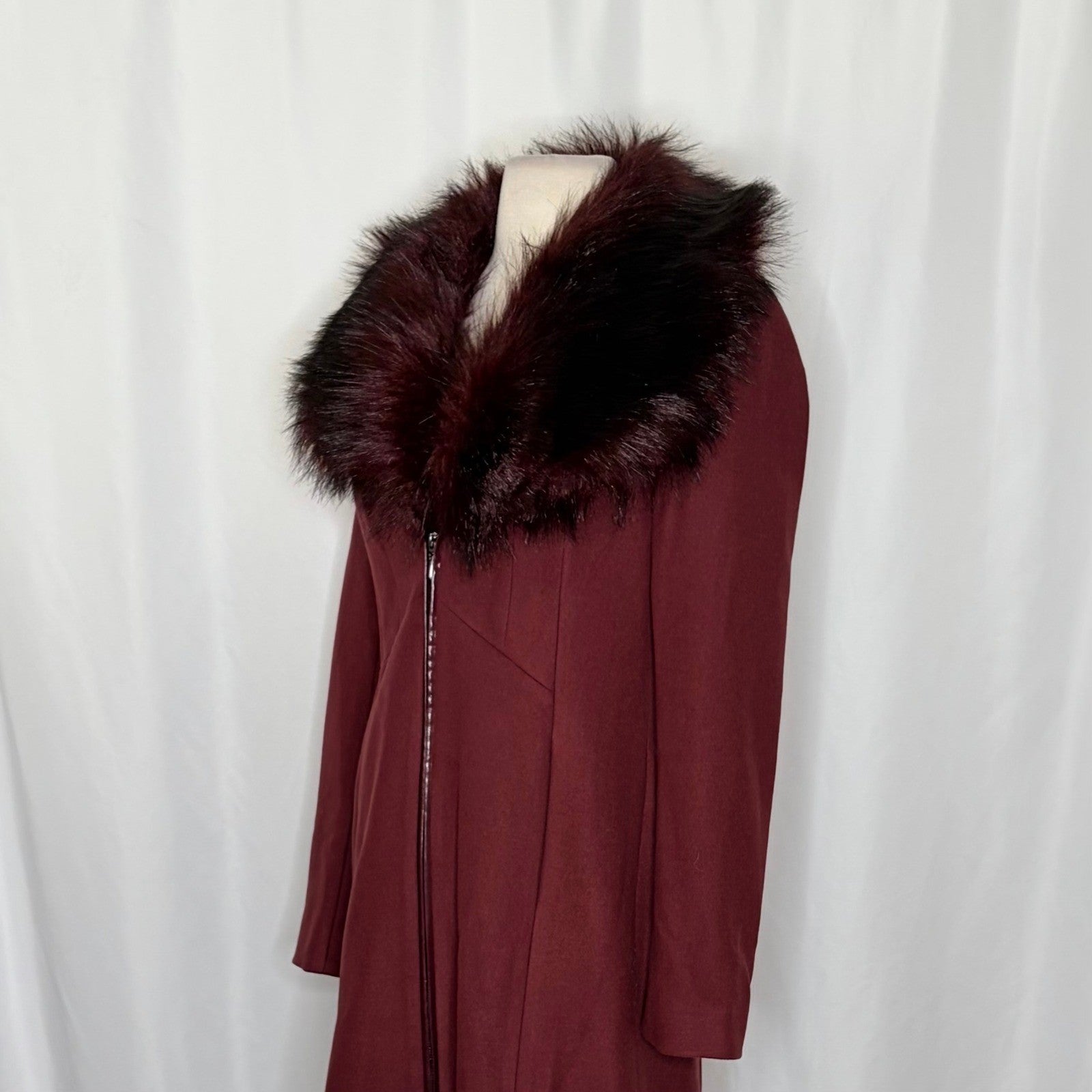 WHBM Burgundy Long Coat Removable Faux Fur Collar White House Black Market XS