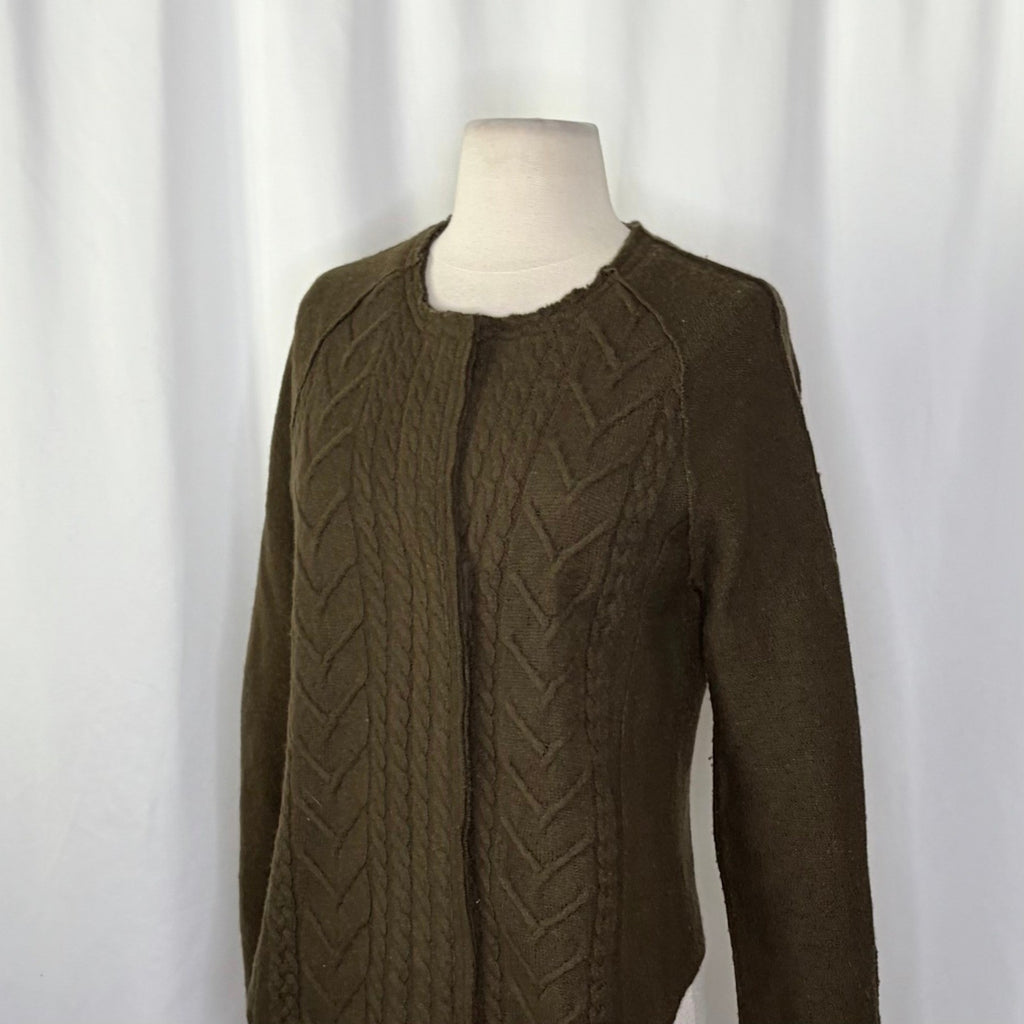 Anthropologie KNITTED & KNOTTED Green Wool Zippered Cable Knit Cardigan Medium