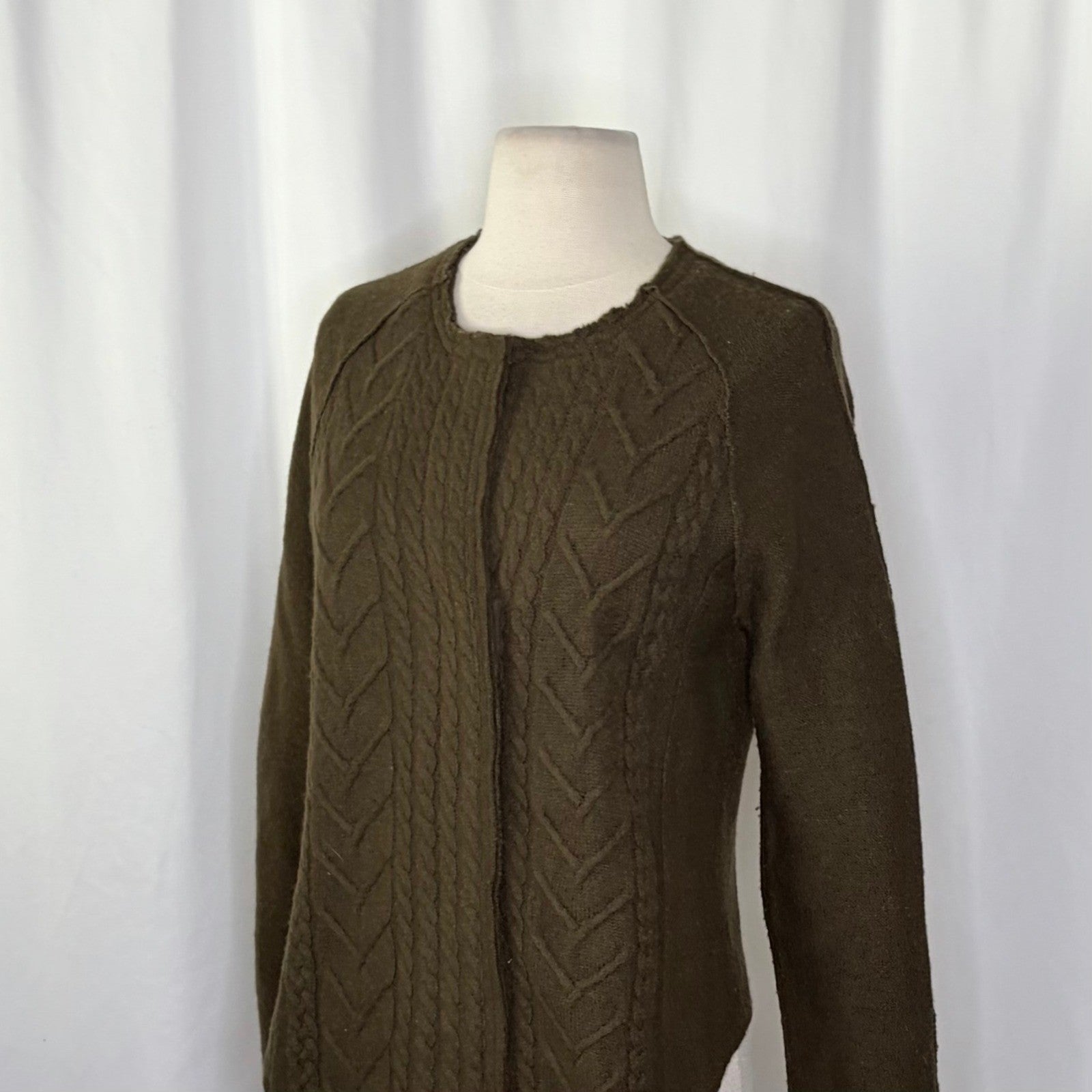 Anthropologie KNITTED & KNOTTED Green Wool Zippered Cable Knit Cardigan Medium