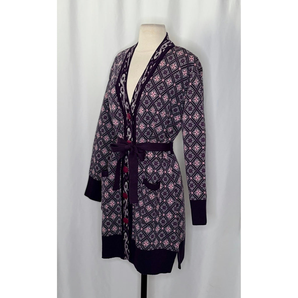 COSY WOOL by Elson Purple Geometric Cardigan Sweater Belted Tie Waist Size 38