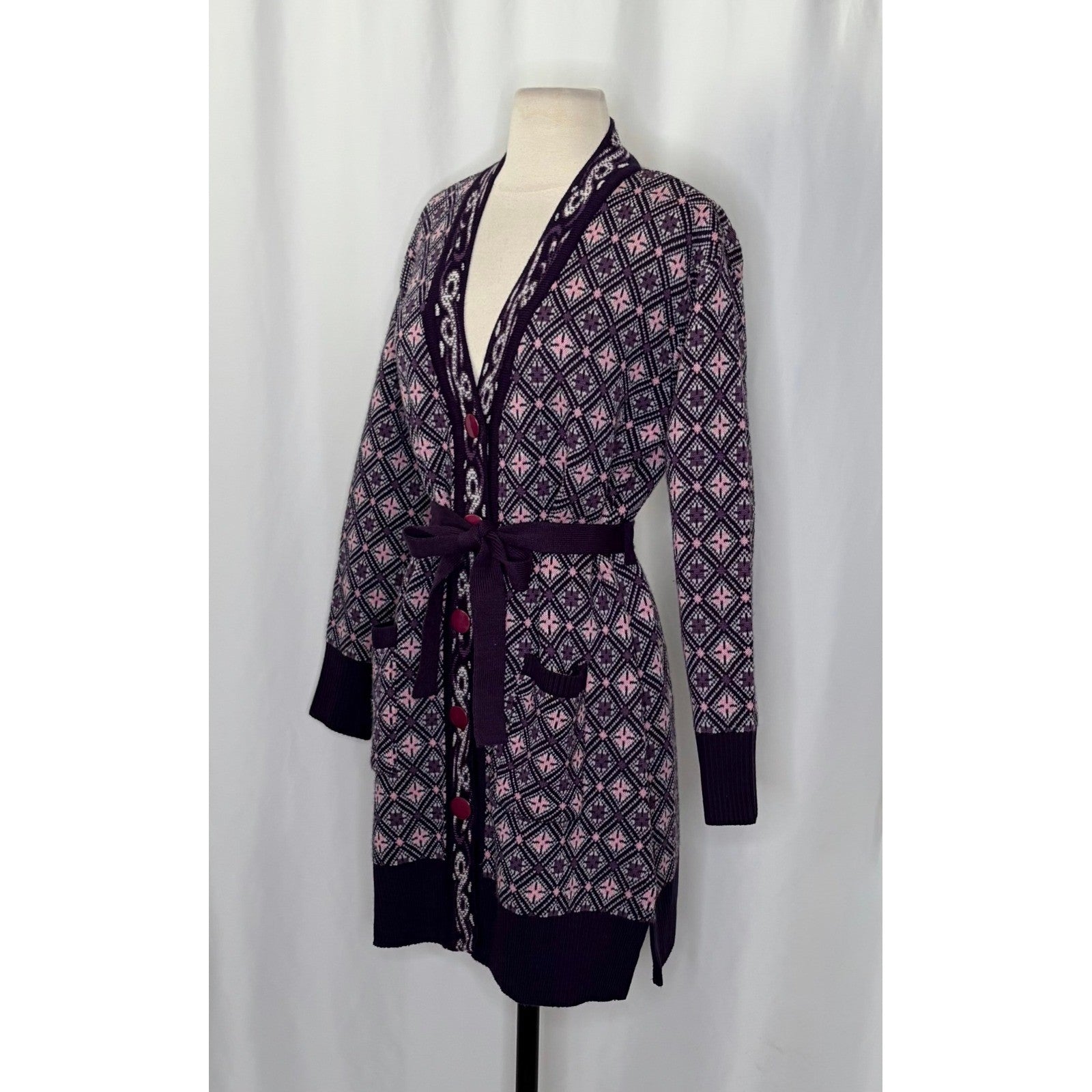 COSY WOOL by Elson Purple Geometric Cardigan Sweater Belted Tie Waist Size 38