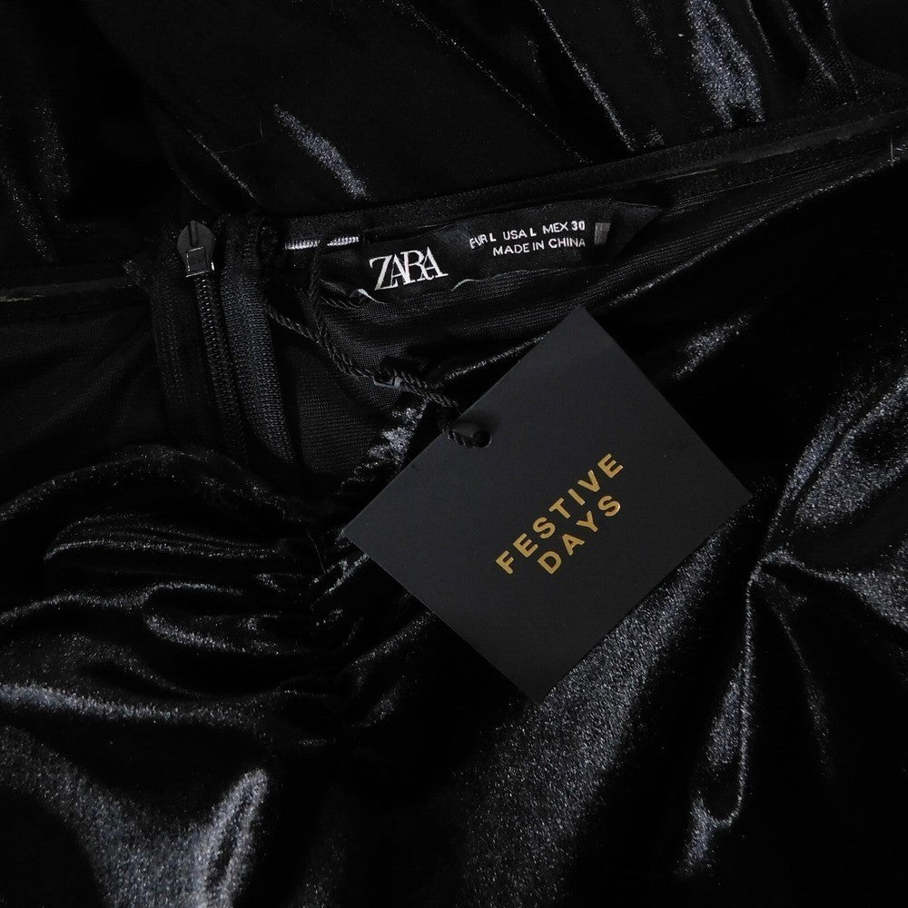 NWT!! ZARA Black Velvet Dress Ruffled Tulle Sleeves Rhinestone Party Cocktail