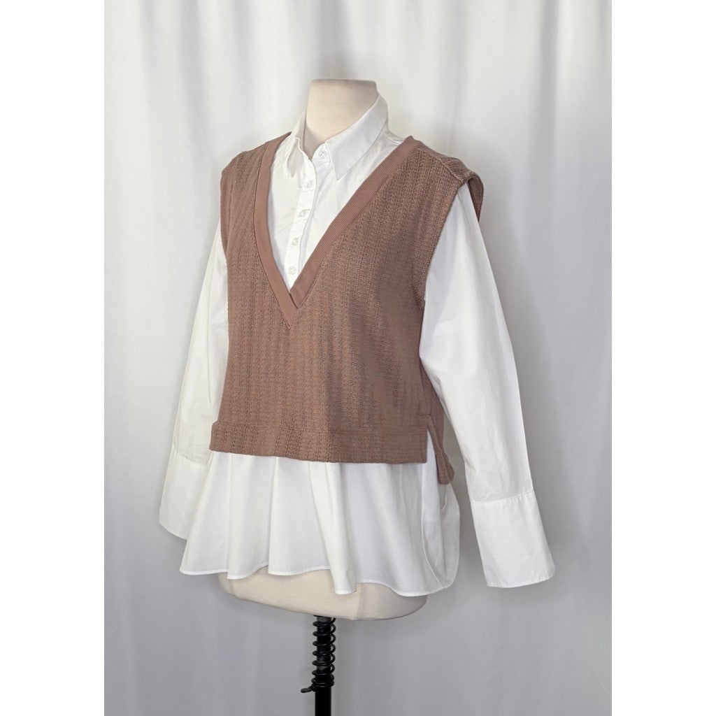 By ANTHROPOLOGIE Twofer Sweater Vest Shirt Blouse Layered Brown White X-Small