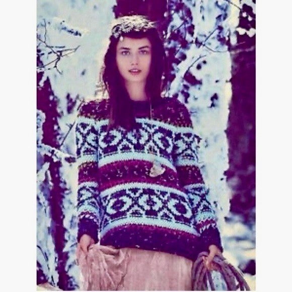 FREE PEOPLE Silver Reed Chunky Knit Fairisle Fair Isle Sweater Wool Linen Small
