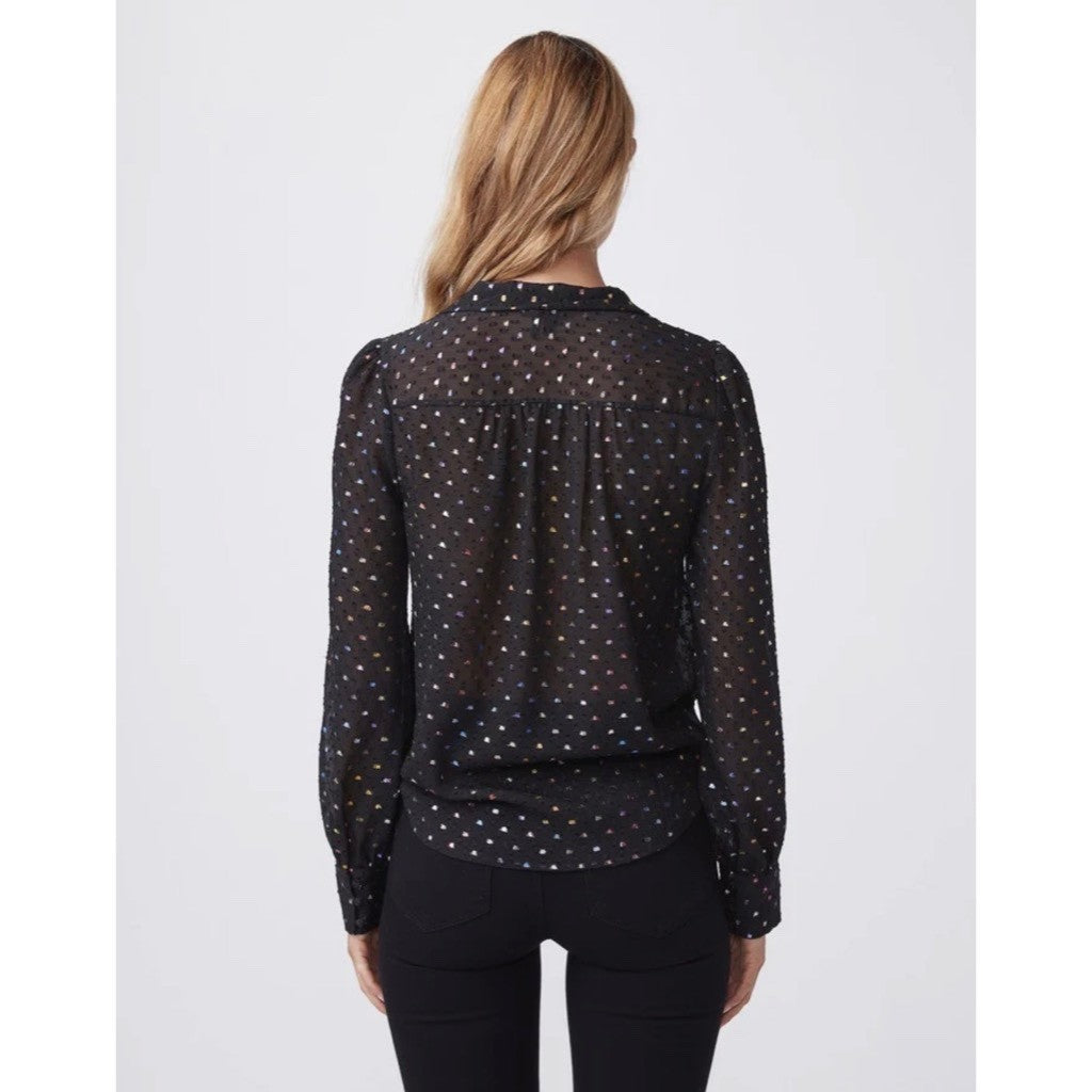 NWT!! PAIGE Cleobelle Black Metallic Tie Neck Top Blouse Rainbow Clip Dot XS