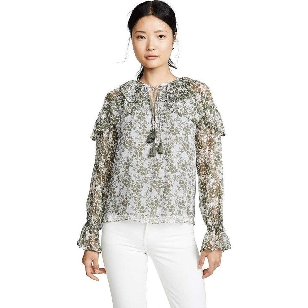 RAMY BROOK Silk Printed Celeste Blouse Chiffon Sagco Green Floral Metallic Small