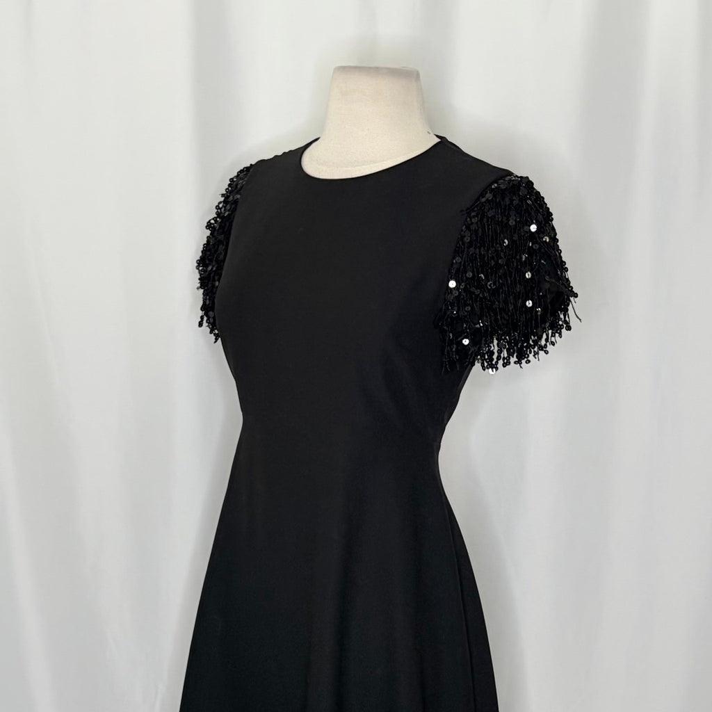 KATE SPADE Sequin Fringe Swing Dress Solid Black Party Glam Embellished Size 2