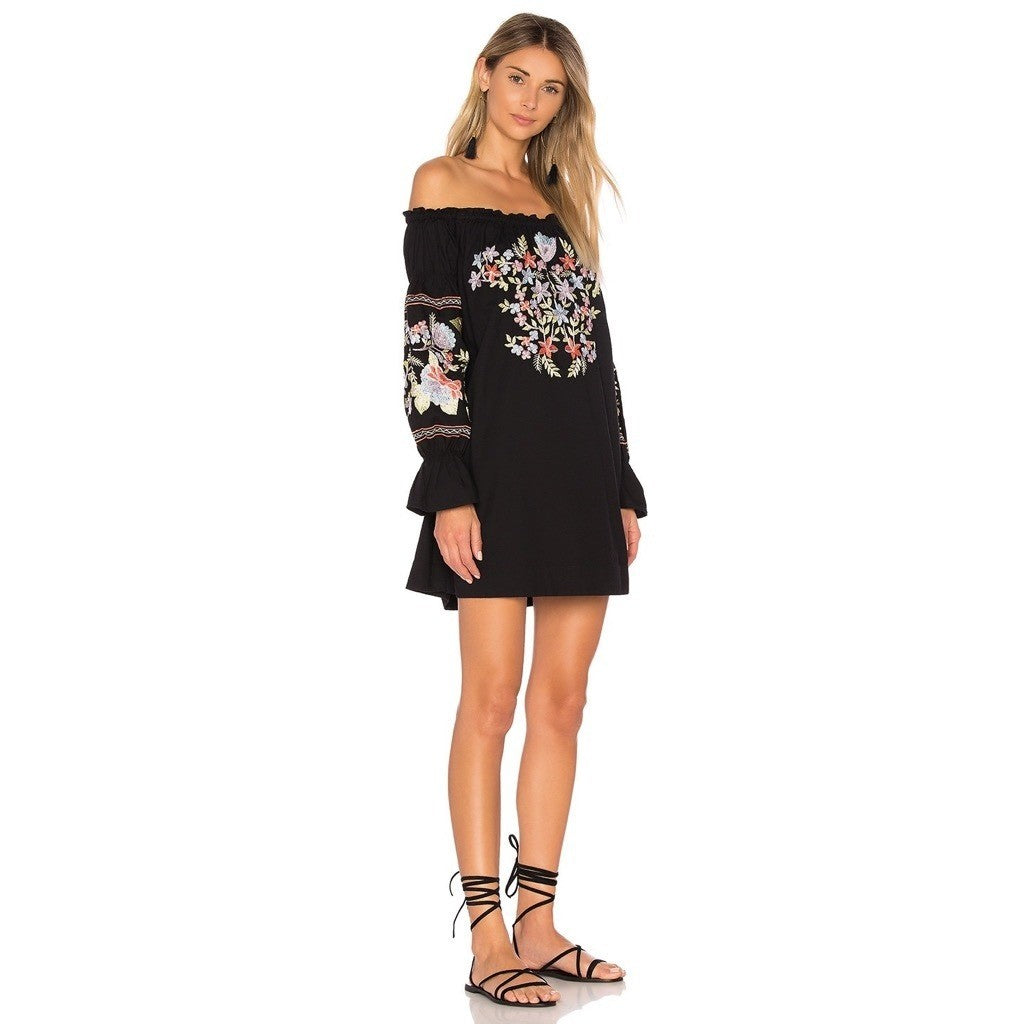 FREE PEOPLE Fleur Du Jour Mini Dress Black Floral Embroidered Off Shoulder Small