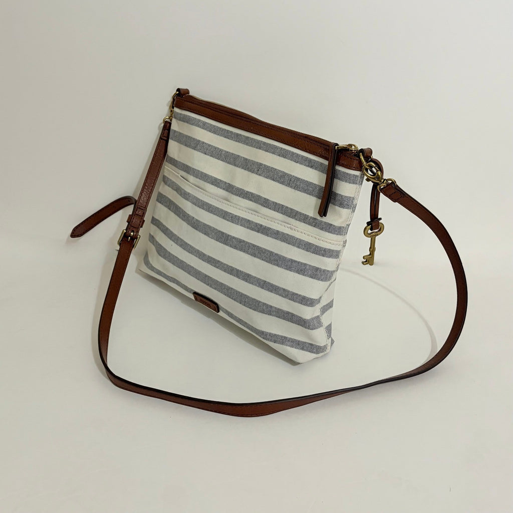 FOSSIL Fiona Blue WhiteStripe Large Crossbody Bag Purse Brown Faux Leather