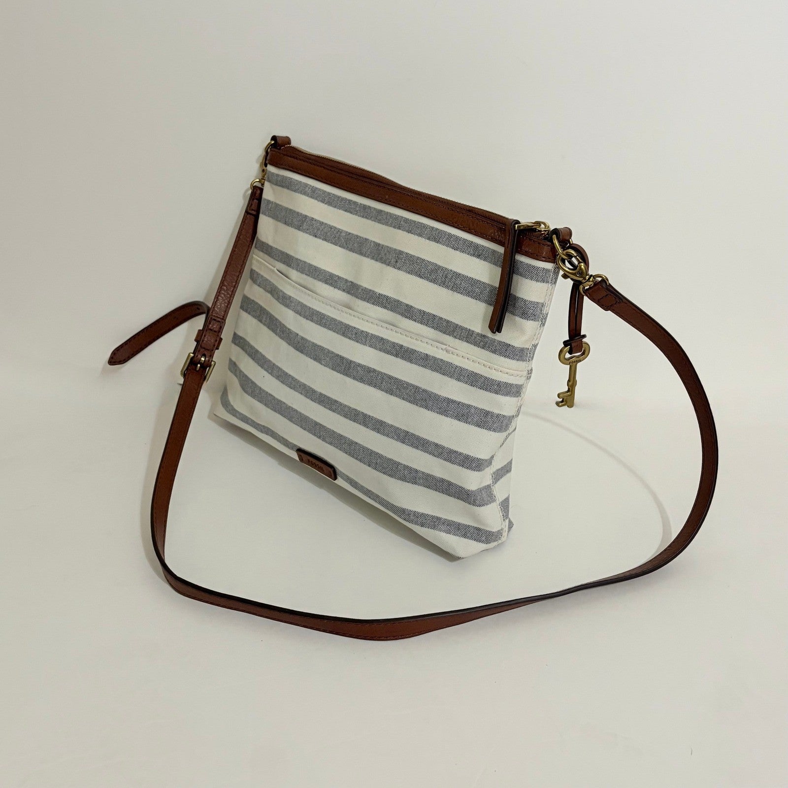 FOSSIL Fiona Blue WhiteStripe Large Crossbody Bag Purse Brown Faux Leather
