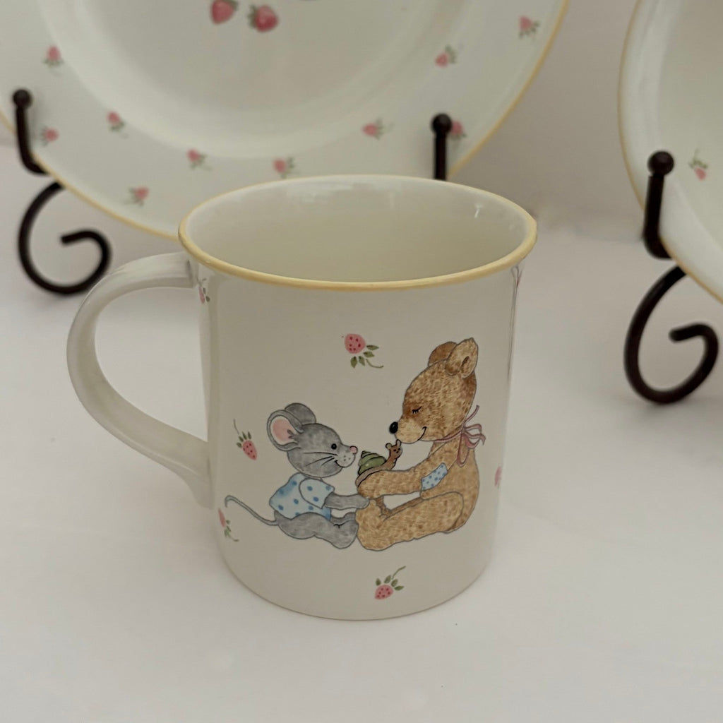 Vintage MIKASA Teddy Bear Plate Bowl Mug Set Strawberry Fruit Mouse Floral