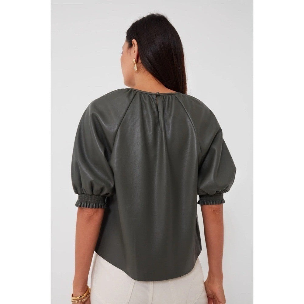 SAYLOR Juana Top Faux Leather Sage Gray Puff Sleeves Solid Streetwear Large