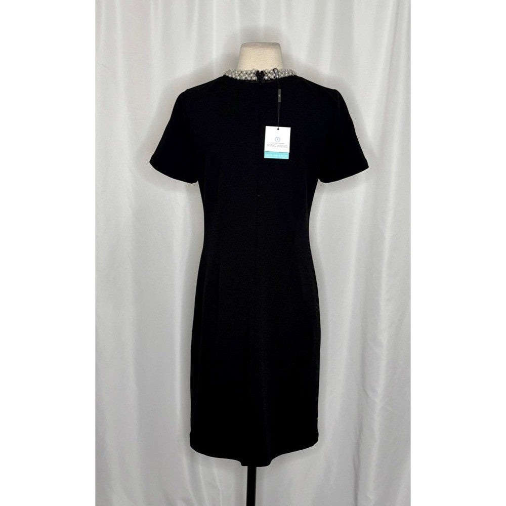 NWT!! MING WANG Heritage Fit Embellished Crepe Sheath Dress Black Pearls X-Small