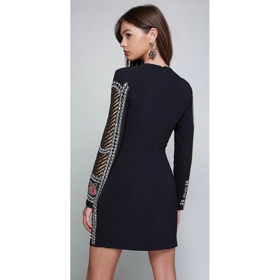 BEBE Black Beaded Sequin Crepe Dress Balmain Bodycon Mini Glam Floral Party 4