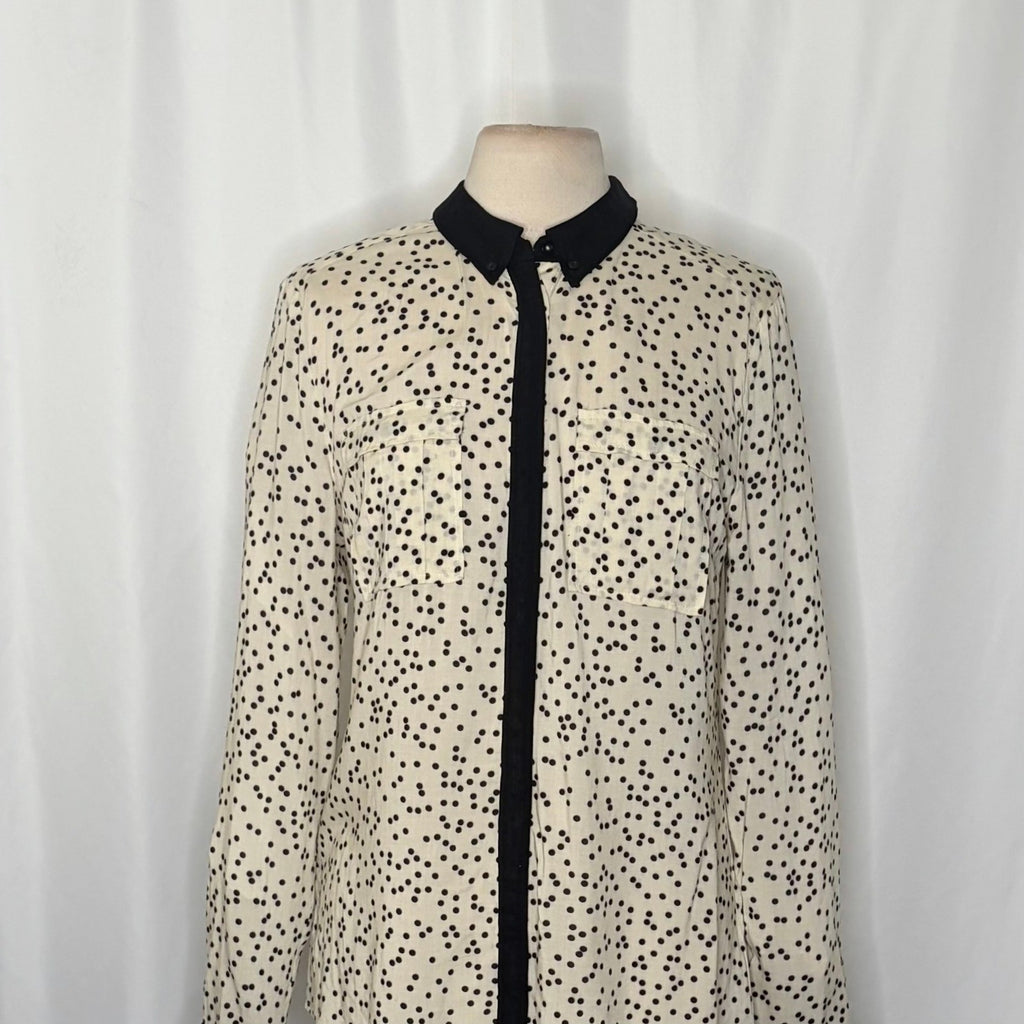 Anthropologie MAEVE Bagatelle Buttondown Shirt Ivory Black Polka Dot Pockets 10